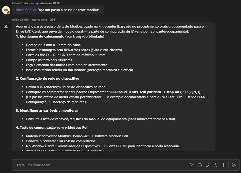 Conversa no Microsoft Teams: um engenheiro da Frigocenter pede um passo a passo de teste Modbus e o Airon Copilot responde com decapagem do cabo, parâmetros seriais 9600,8,N,1 e teste com Modbus Poll